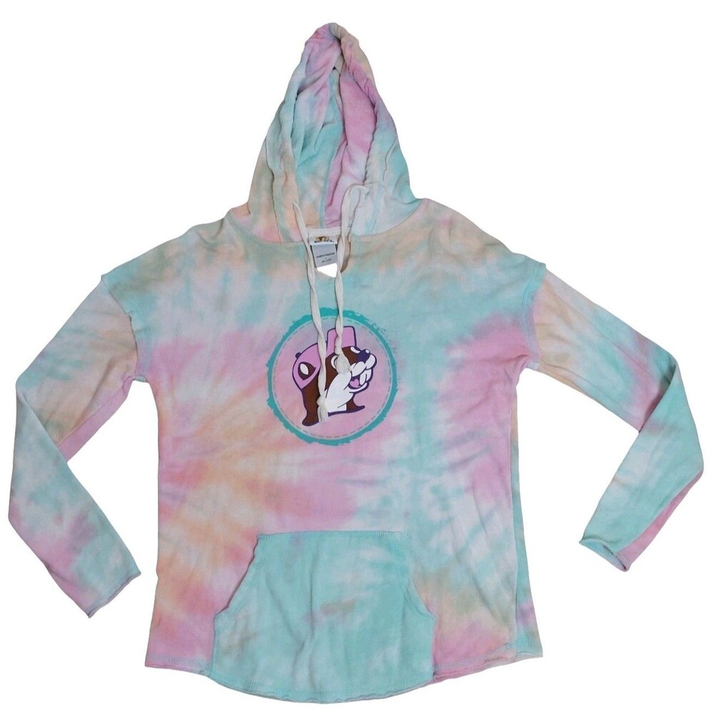 Buc-ees Logo Pullover Hoodie Sweatshirt Womens Sz Large Terry Cloth Tie Dye Pink